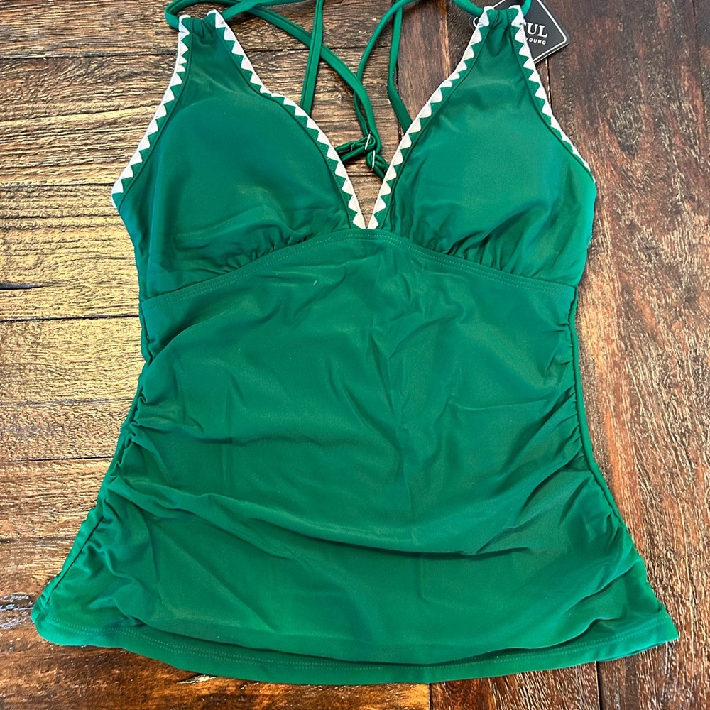 Green Tankini Swimsuit, V Neck Push Up Top, High Waisted Bottom - Picture 12 of 15